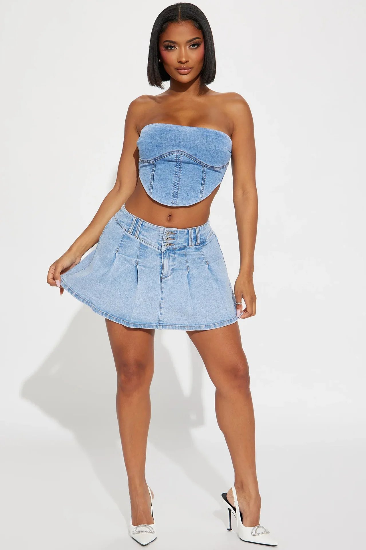 Casual Denim Pleated Mini Skirt Sexy Women High Waist Elegant Streetwear Blue Jeans Cargo Skirt