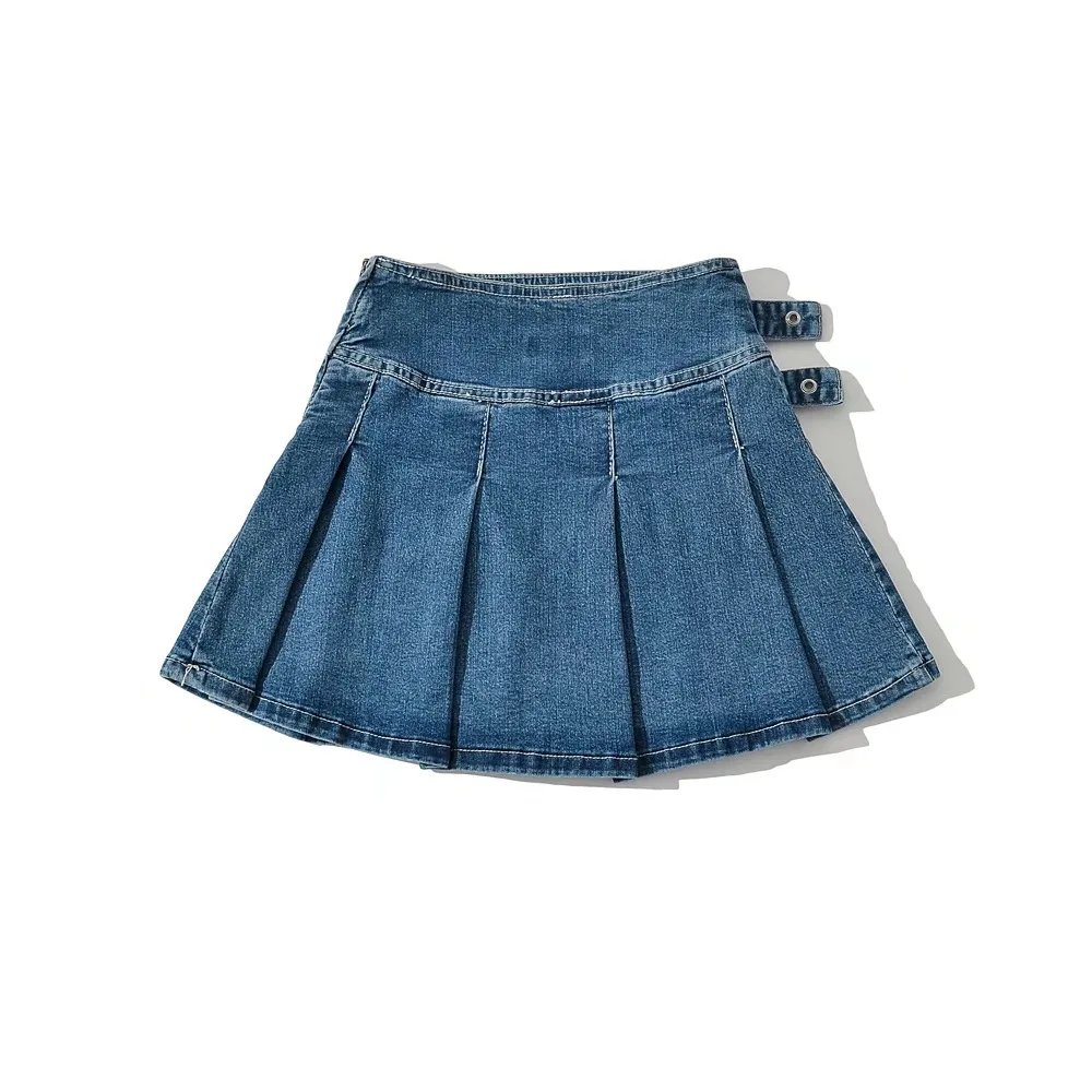 2023 Summer New TARUXY Denim Y2k Skirt with Pleats and Belt 90s E-girl Korean Skirts For Women High Street Jeans Short Bottom
