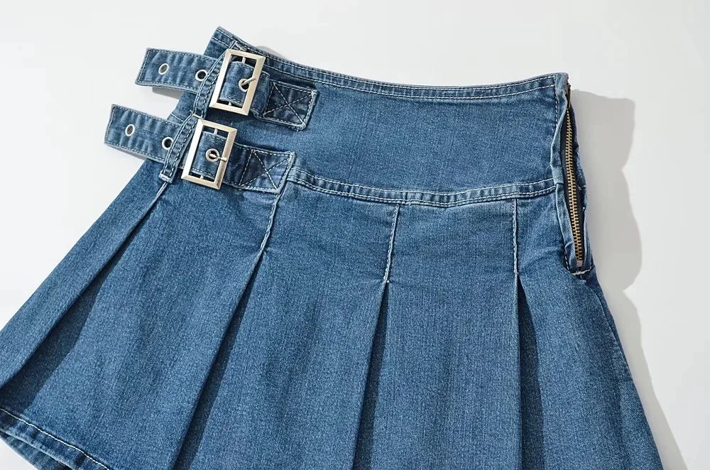 2023 Summer New TARUXY Denim Y2k Skirt with Pleats and Belt 90s E-girl Korean Skirts For Women High Street Jeans Short Bottom