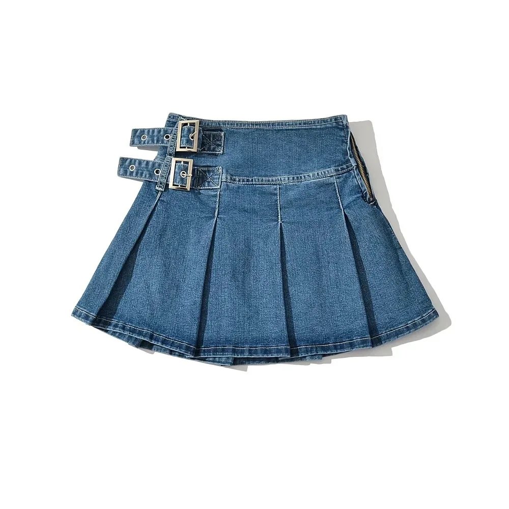 2023 Summer New TARUXY Denim Y2k Skirt with Pleats and Belt 90s E-girl Korean Skirts For Women High Street Jeans Short Bottom