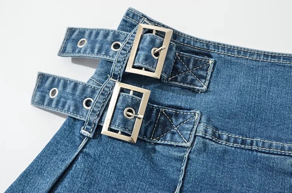 2023 Summer New TARUXY Denim Y2k Skirt with Pleats and Belt 90s E-girl Korean Skirts For Women High Street Jeans Short Bottom
