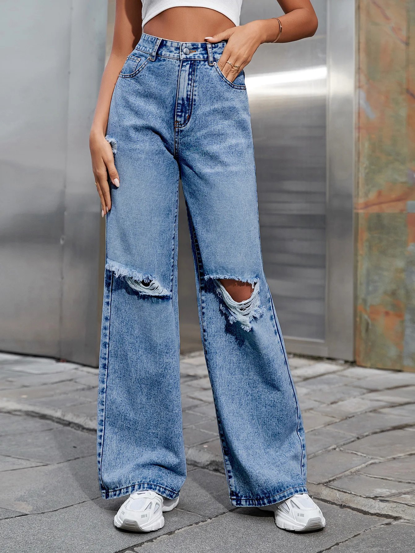 Summer Y2k Ripped Wide Leg Baggy Jeans Women 2024 Fashion High Waist New In Denim Pants Trousers Casual