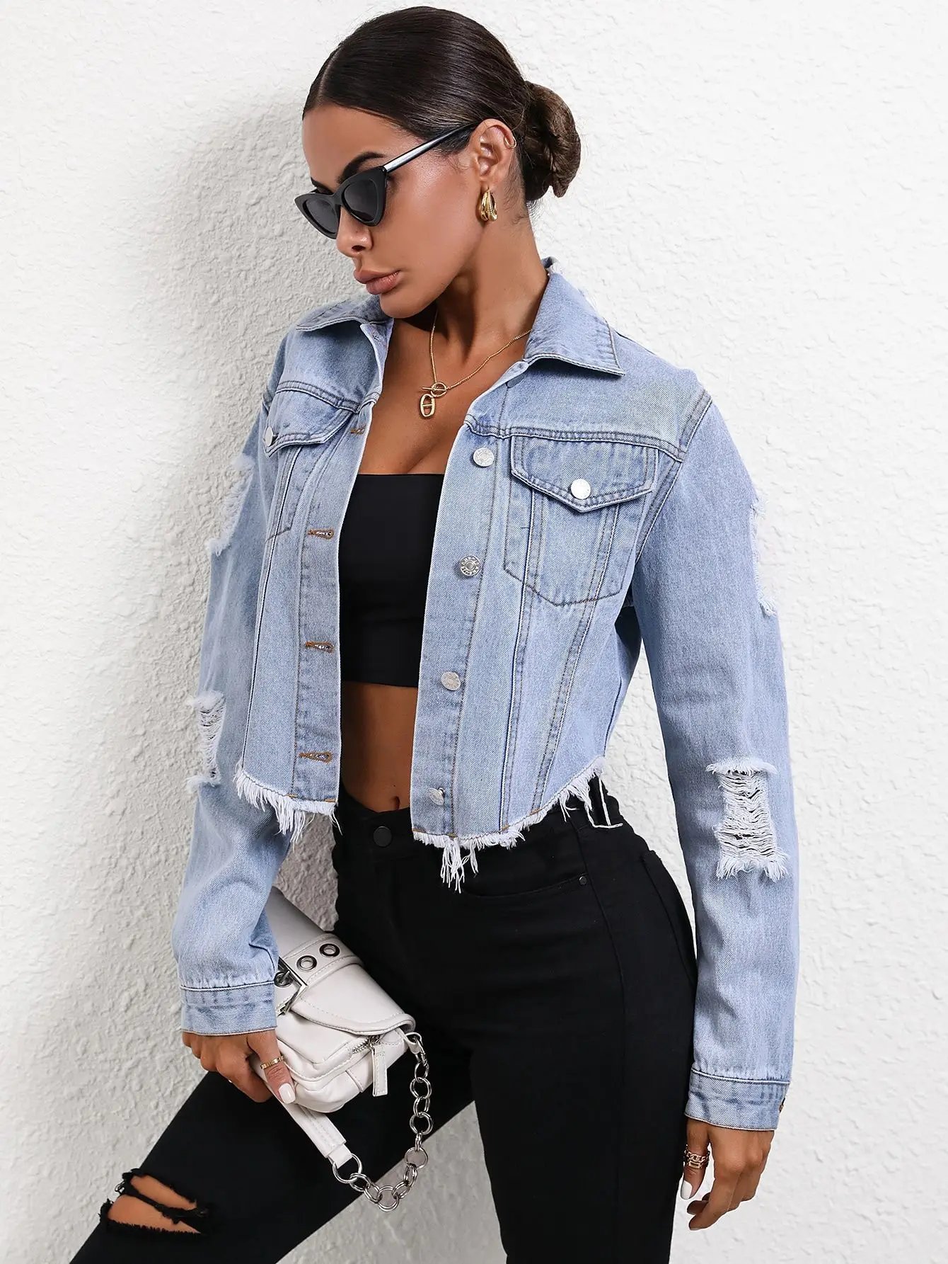 Women Hole Long Sleeve Denim Coats 2024 Spring Autumn Female Pockets Buttons Jackets Vintage Tops Ladies Short Jean Outerwear