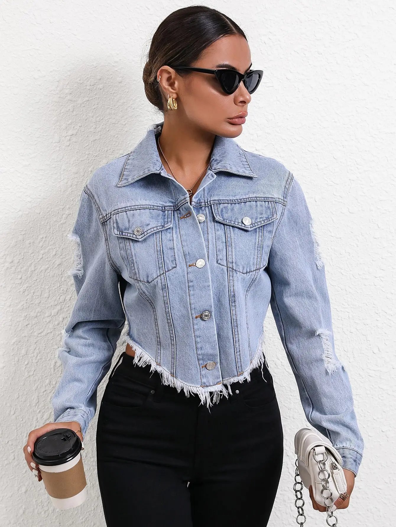 Women Hole Long Sleeve Denim Coats 2024 Spring Autumn Female Pockets Buttons Jackets Vintage Tops Ladies Short Jean Outerwear