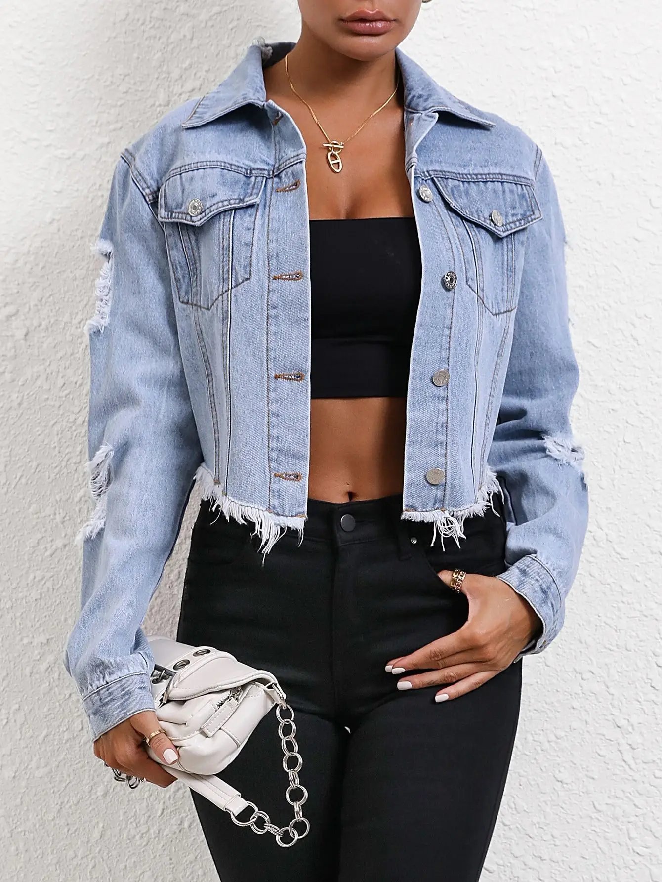 Women Hole Long Sleeve Denim Coats 2024 Spring Autumn Female Pockets Buttons Jackets Vintage Tops Ladies Short Jean Outerwear