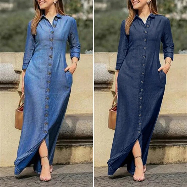 2023 Autumn Elegant Women's Denim Dress Long Sleeve Buttons Shirt Long Dress Female Fashion New Elegant Casual Ladies Clothes