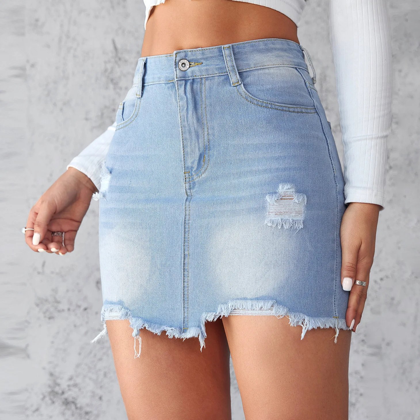 2024 Summer New Women's Denim Skirt Fashion Short Sexy Ripped Raw Edge Jeans Mini A-line Skirt S-2XL Drop Shipping