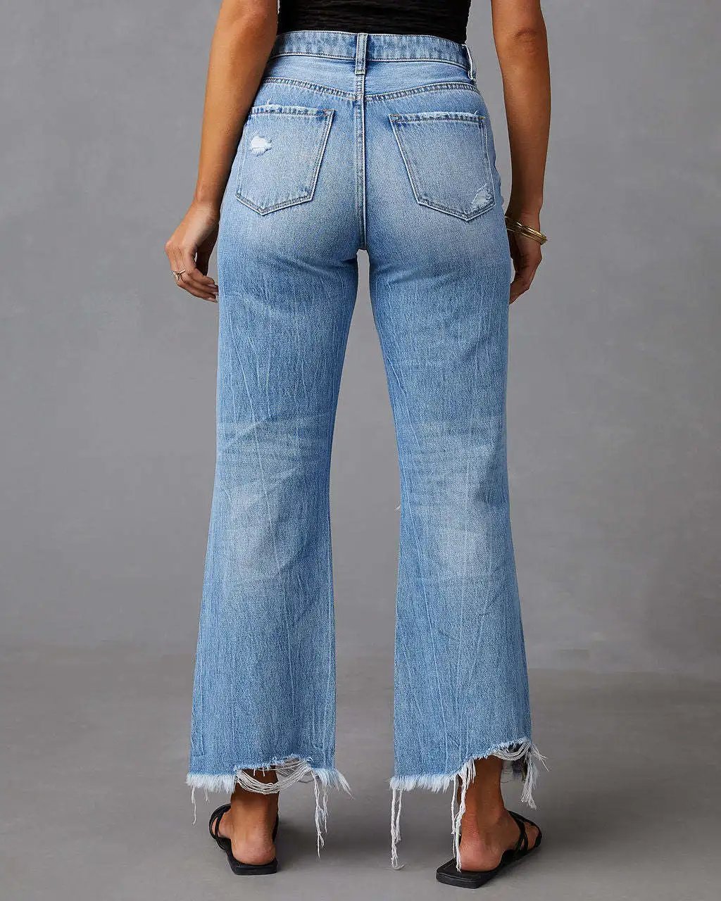 Women Denim Jeans Wide Leg Pants Holes Washing Loose Pockets Tassel Basics Casual Ankle Length Pants Spring Solid Color