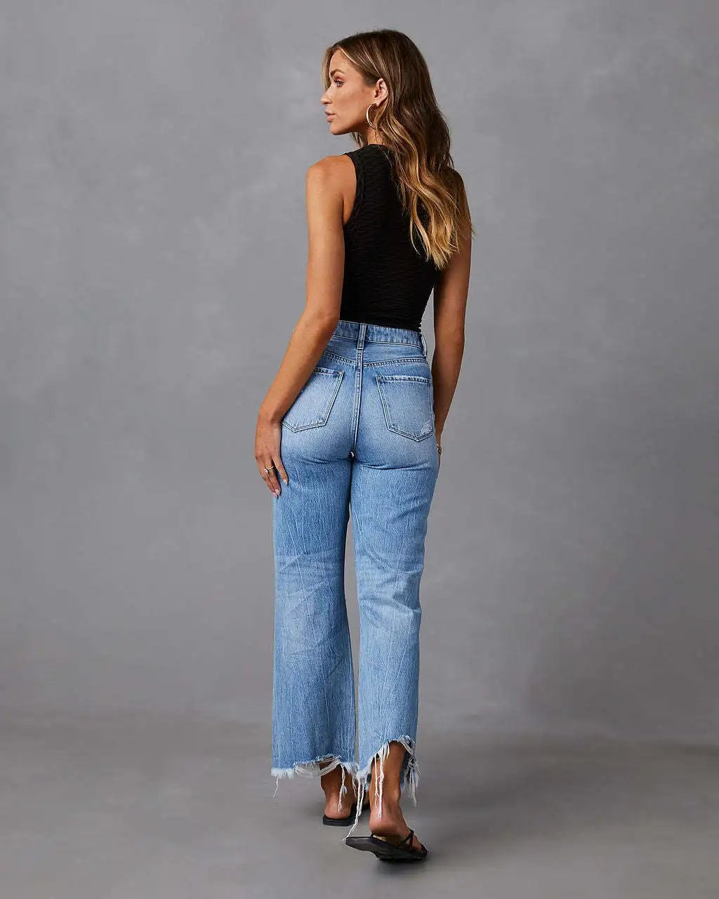 Women Denim Jeans Wide Leg Pants Holes Washing Loose Pockets Tassel Basics Casual Ankle Length Pants Spring Solid Color