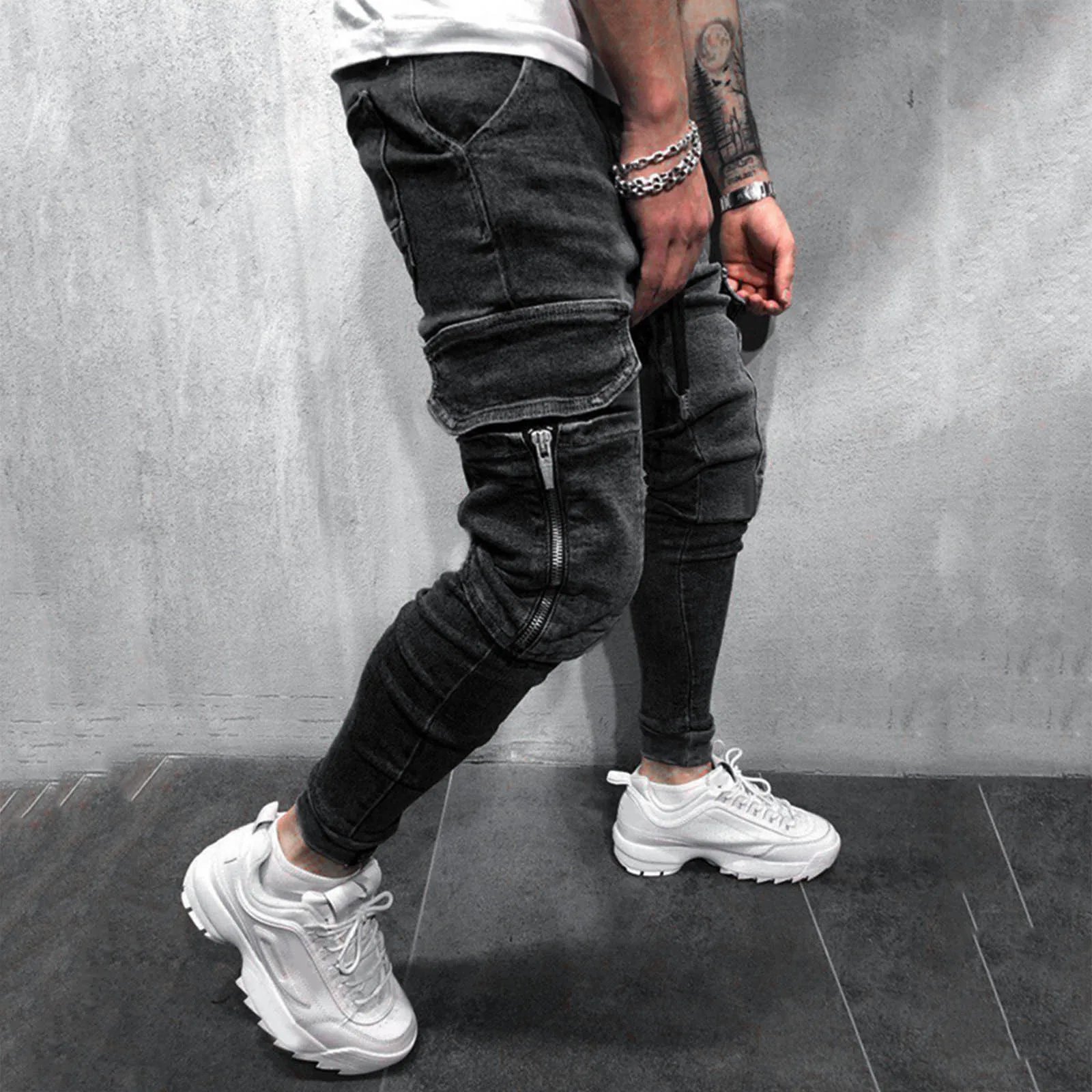 Summer Mens Fashion Pants Casual Pocket Waist Solid Color Slim Toe Jeans Pants With Drawstring Jeans For Male CalçA Masculina