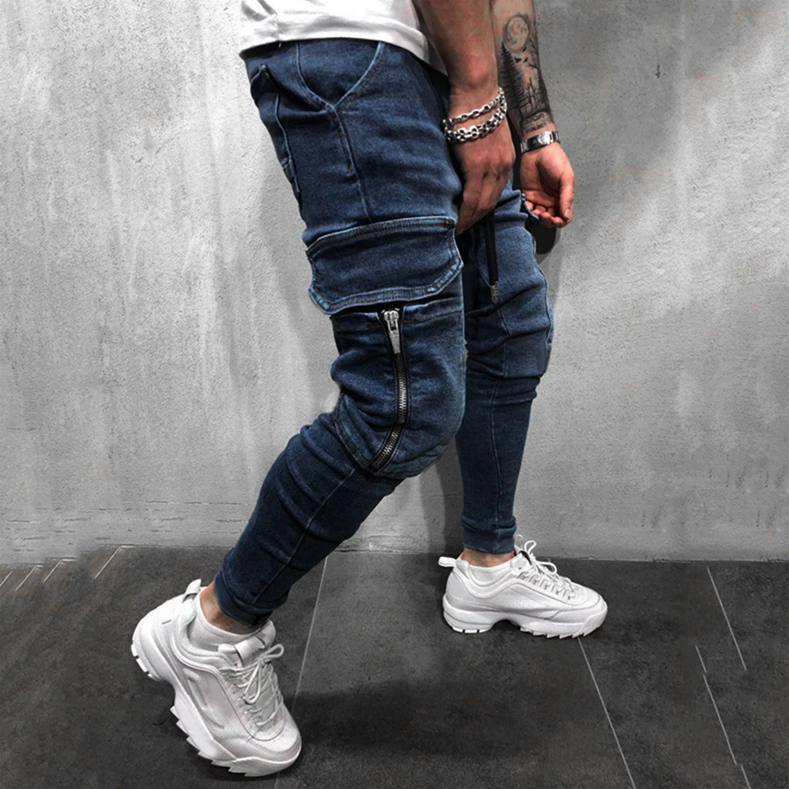 Summer Mens Fashion Pants Casual Pocket Waist Solid Color Slim Toe Jeans Pants With Drawstring Jeans For Male CalçA Masculina