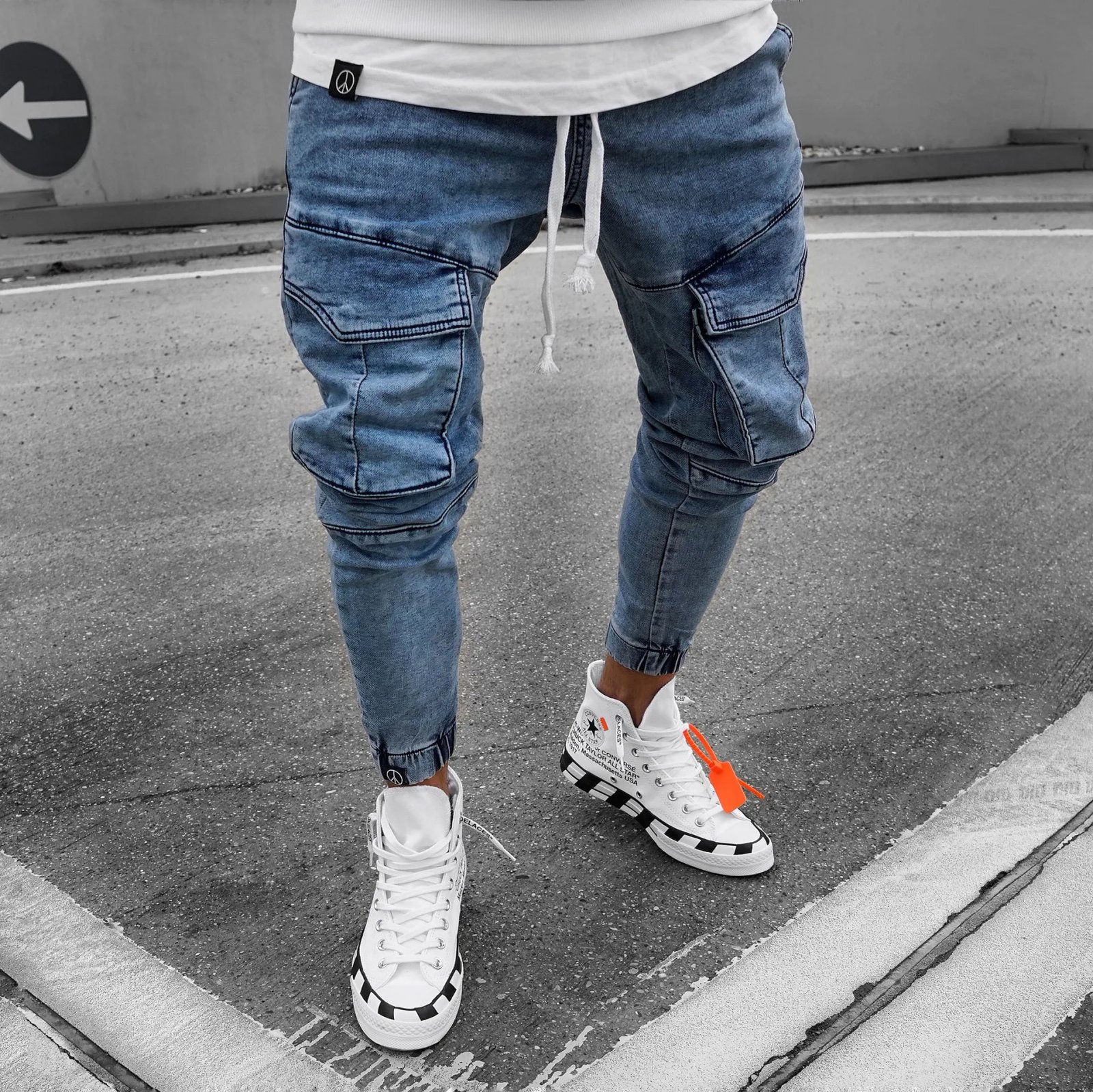 European and American New Style Slim-fit Jeans for Men, Long Pants, Hip Hop Multi-pocket Cuffed Elastic Waist Slim-fit Pants