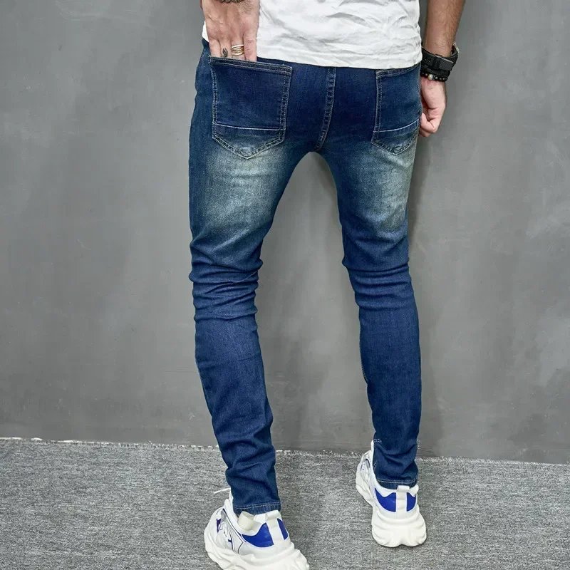 2024 New Style Men's Personalized Ripped Solid Color Skinny Jeans Stretch Little Foot Streetwear Motorcycle Denim Trousers Male