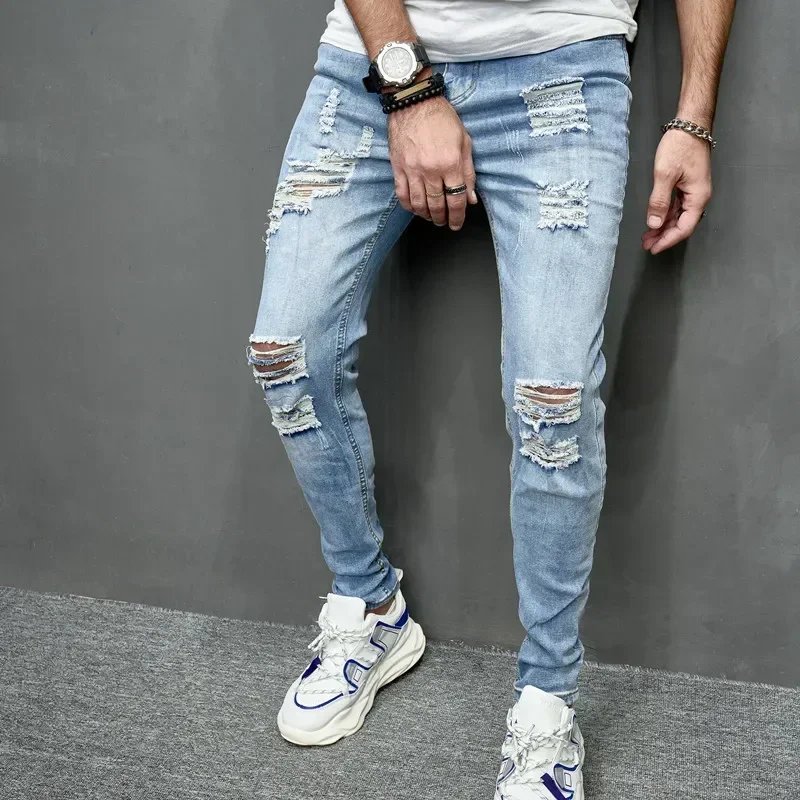 2024 New Style Men's Personalized Ripped Solid Color Skinny Jeans Stretch Little Foot Streetwear Motorcycle Denim Trousers Male