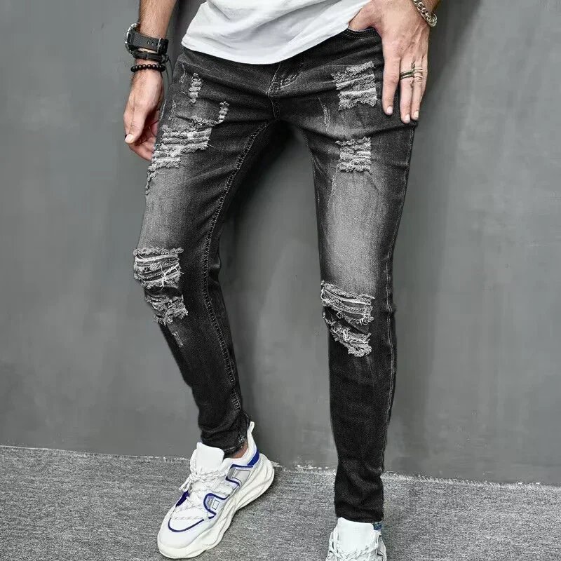 2024 New Style Men's Personalized Ripped Solid Color Skinny Jeans Stretch Little Foot Streetwear Motorcycle Denim Trousers Male