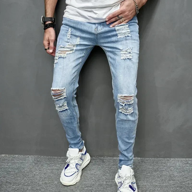 2024 New Style Men's Personalized Ripped Solid Color Skinny Jeans Stretch Little Foot Streetwear Motorcycle Denim Trousers Male