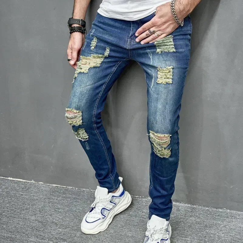 2024 New Style Men's Personalized Ripped Solid Color Skinny Jeans Stretch Little Foot Streetwear Motorcycle Denim Trousers Male