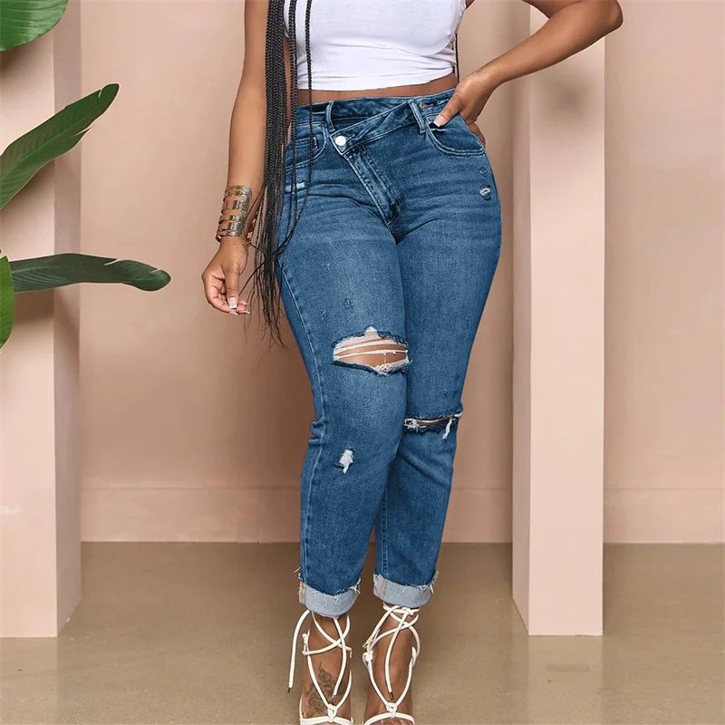 Women Fashion Knee Broken Holes Pencil Jeans Slanted Waist Button Patchwork Denim Pants Female Casual Washed Trousers Streetwear Women Fashion Knee Broken Holes Pencil Jeans Slanted Waist Button Patchwork Denim Pants Female Casual Washed Trousers Streetwear