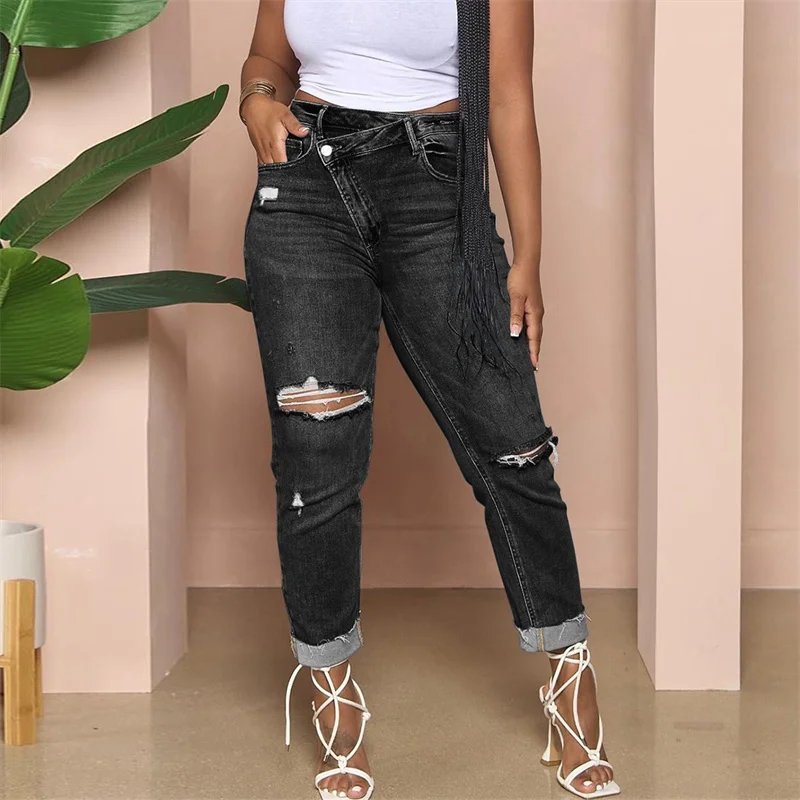 Women Fashion Knee Broken Holes Pencil Jeans Slanted Waist Button Patchwork Denim Pants Female Casual Washed Trousers Streetwear Women Fashion Knee Broken Holes Pencil Jeans Slanted Waist Button Patchwork Denim Pants Female Casual Washed Trousers Streetwear