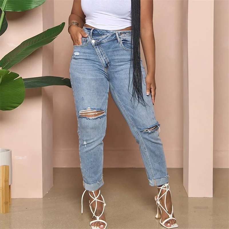 Women Fashion Knee Broken Holes Pencil Jeans Slanted Waist Button Patchwork Denim Pants Female Casual Washed Trousers Streetwear Women Fashion Knee Broken Holes Pencil Jeans Slanted Waist Button Patchwork Denim Pants Female Casual Washed Trousers Streetwear