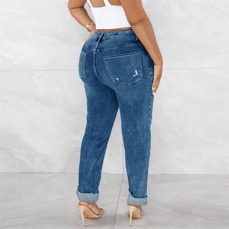 Women Fashion Knee Broken Holes Pencil Jeans Slanted Waist Button Patchwork Denim Pants Female Casual Washed Trousers Streetwear Women Fashion Knee Broken Holes Pencil Jeans Slanted Waist Button Patchwork Denim Pants Female Casual Washed Trousers Streetwear
