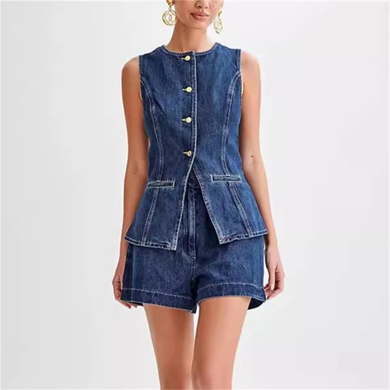 2024 Vintage Casual Denim Suits Back Split Women Sleeveless Button Splicing Slim Jacket Female Two Piece Sets High Waist Shorts