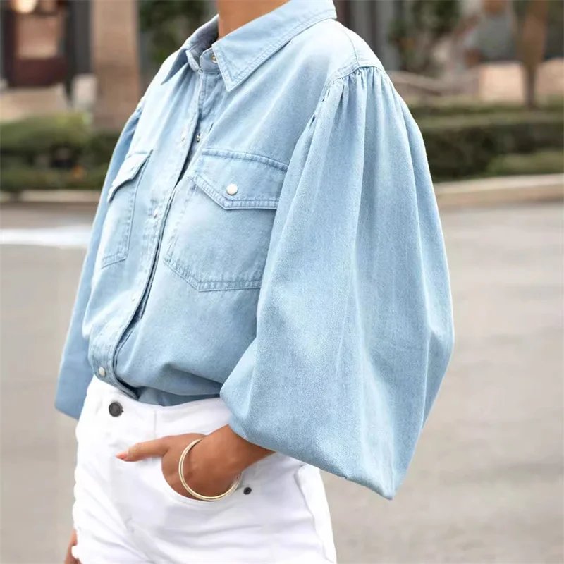 Spring Autumn Loose Bubble Long Sleeve Shirt Women Lapel Double Pockets Blouse Female Single Row Snap Button Cardigan Tops 2024