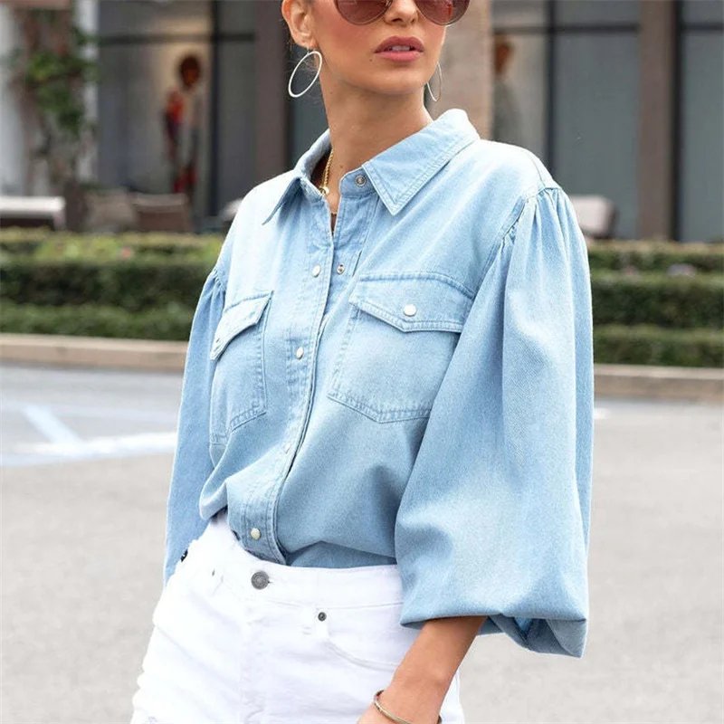 Spring Autumn Loose Bubble Long Sleeve Shirt Women Lapel Double Pockets Blouse Female Single Row Snap Button Cardigan Tops 2024
