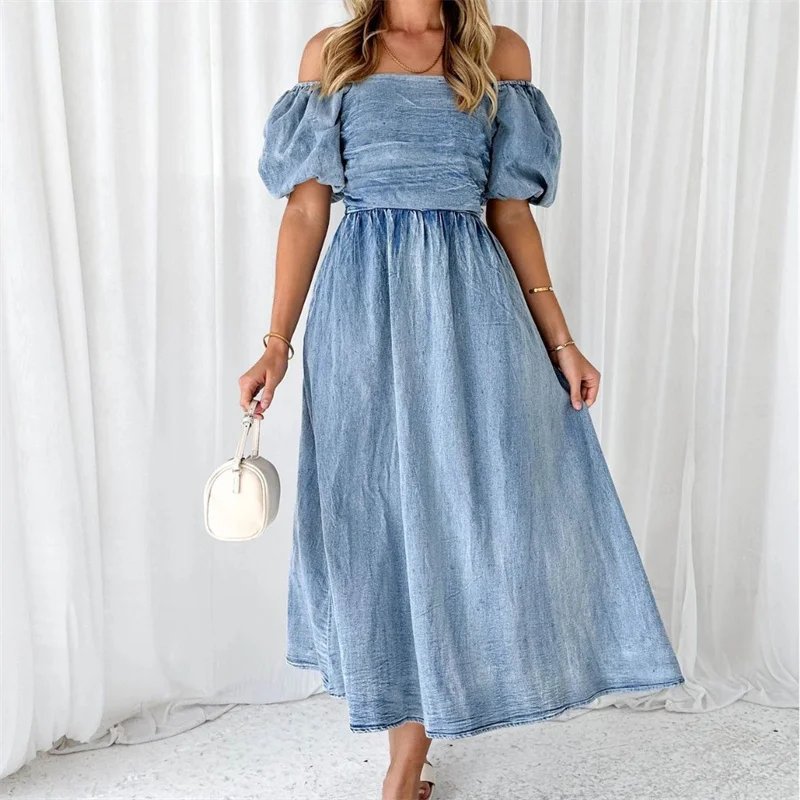 Women High Waist Stretch Backless Denim Dresses Fashion Bubble Short Sleeves Off The Shoulder Dress Female Casual Pleated Frock