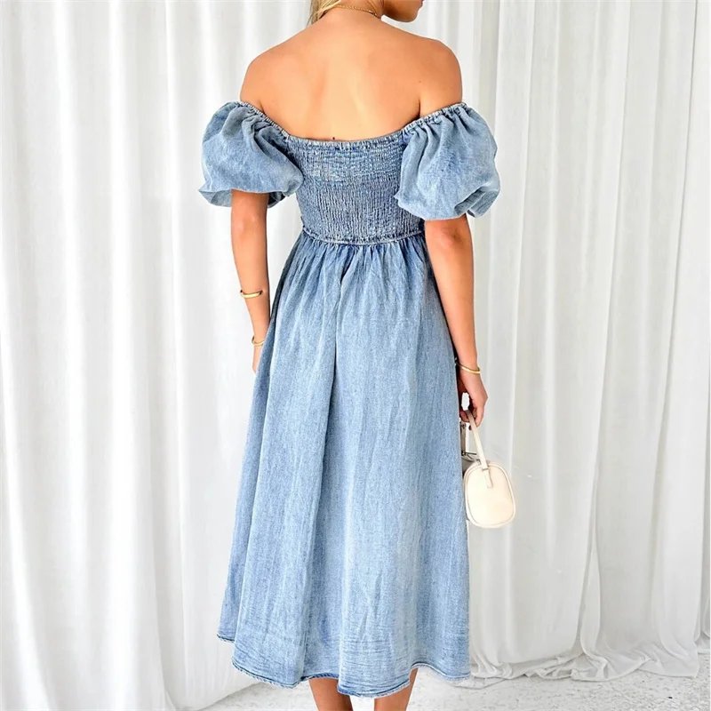 Women High Waist Stretch Backless Denim Dresses Fashion Bubble Short Sleeves Off The Shoulder Dress Female Casual Pleated Frock