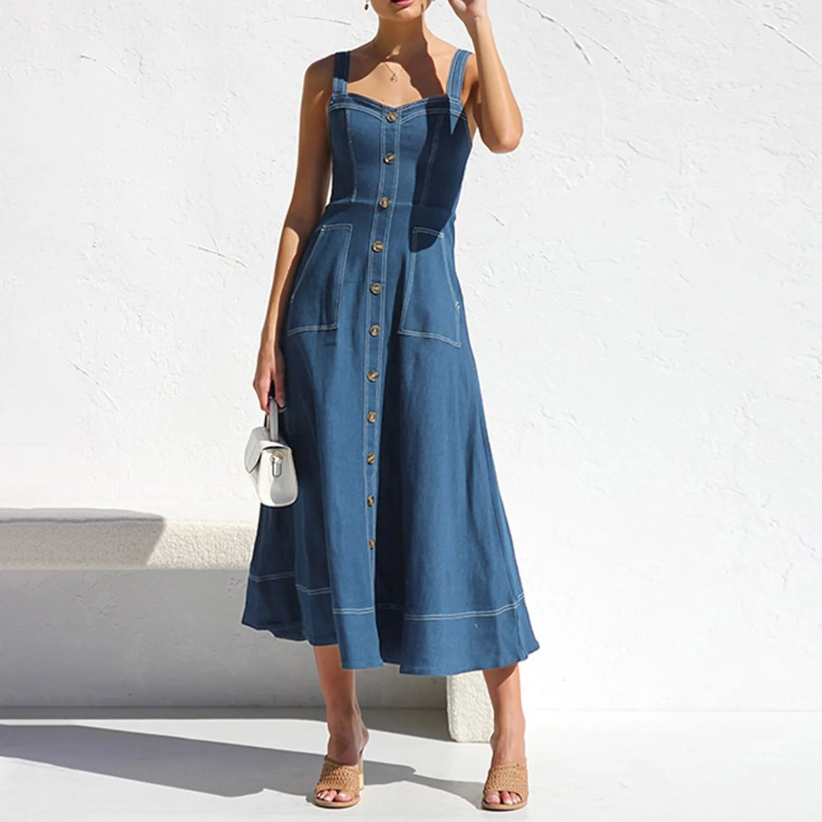 Casual Jeans Dresses For Summer Women Denim Suspender Dress Vintage Fashion Button Decoration Elegant Style Formal Party Vestido