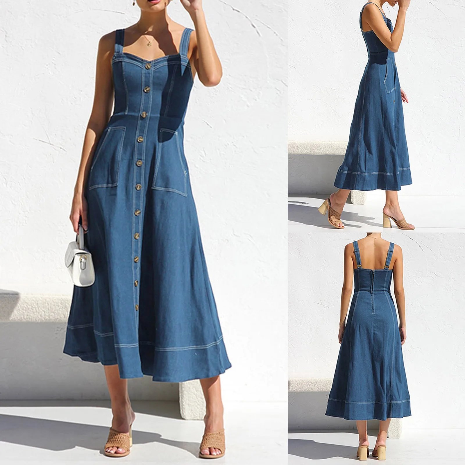 Casual Jeans Dresses For Summer Women Denim Suspender Dress Vintage Fashion Button Decoration Elegant Style Formal Party Vestido