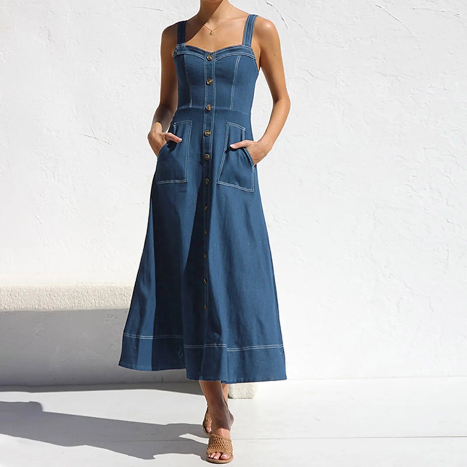 Casual Jeans Dresses For Summer Women Denim Suspender Dress Vintage Fashion Button Decoration Elegant Style Formal Party Vestido