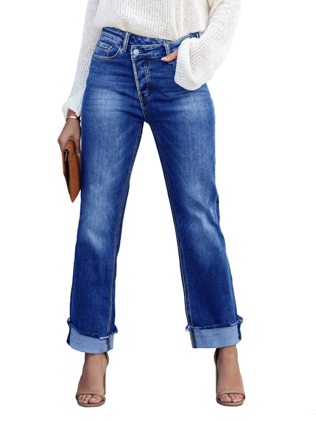 Crossover Straight Leg Jeans Stretch High Waisted Pockets Denim Pant Fashion Slim Fit Women Pants Vintage Streetwear Trousers