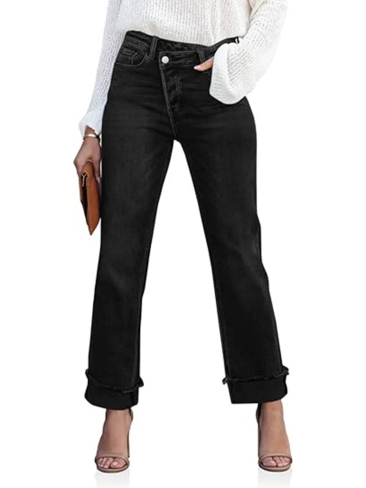 Crossover Straight Leg Jeans Stretch High Waisted Pockets Denim Pant Fashion Slim Fit Women Pants Vintage Streetwear Trousers