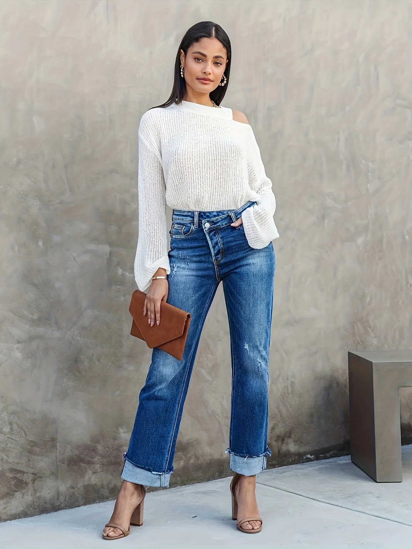 Asymmetrical Waist Casual Straight Jeans, Loose Fit Rolled Hem Denim Pants, Women's Denim Jeans & Clothing