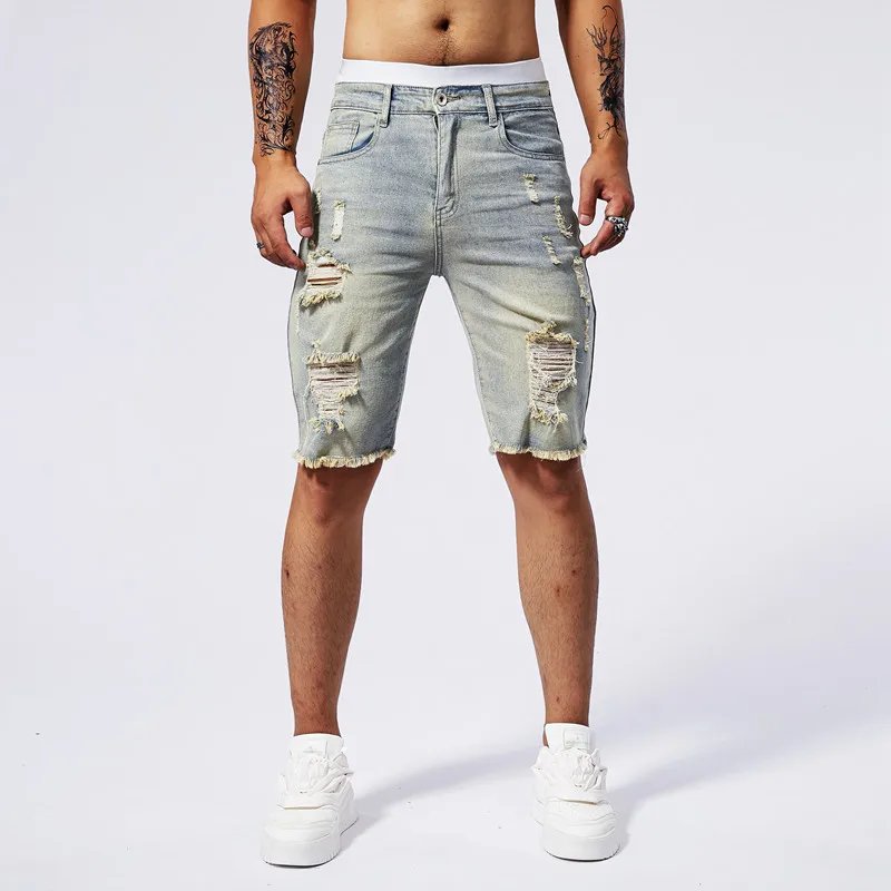 Summer Men's Holes Slim Fit Five Point Denim Shorts Elastic Waist Fashion Baggy Straight Cargo Shorts Jeans