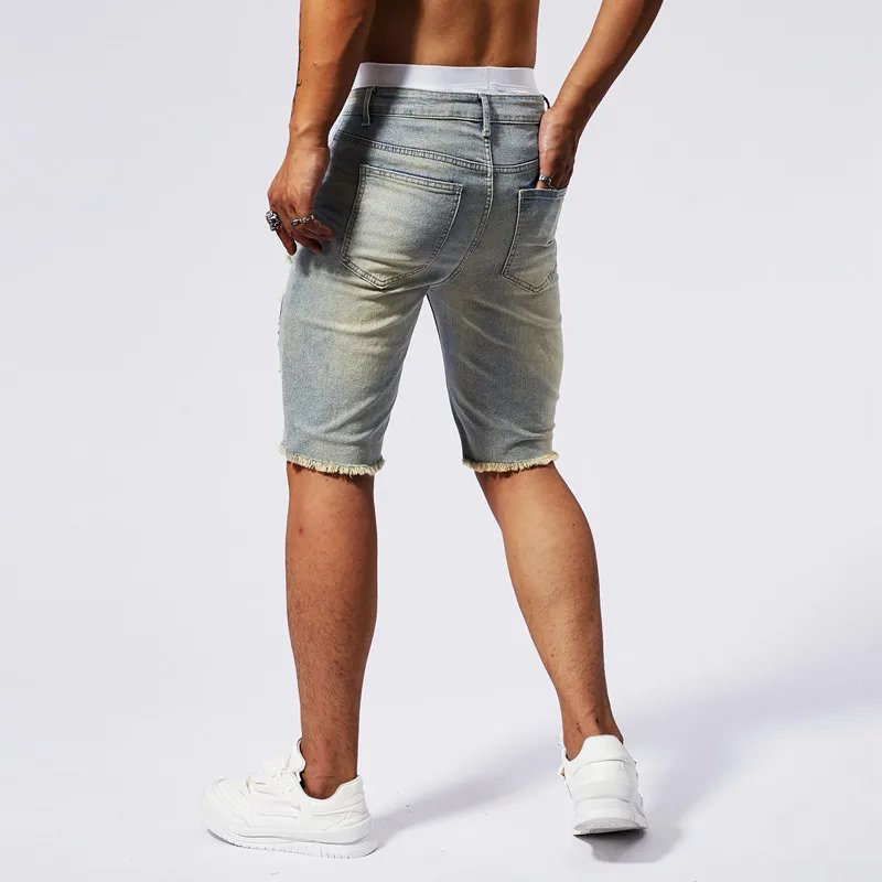 Summer Men's Holes Slim Fit Five Point Denim Shorts Elastic Waist Fashion Baggy Straight Cargo Shorts Jeans