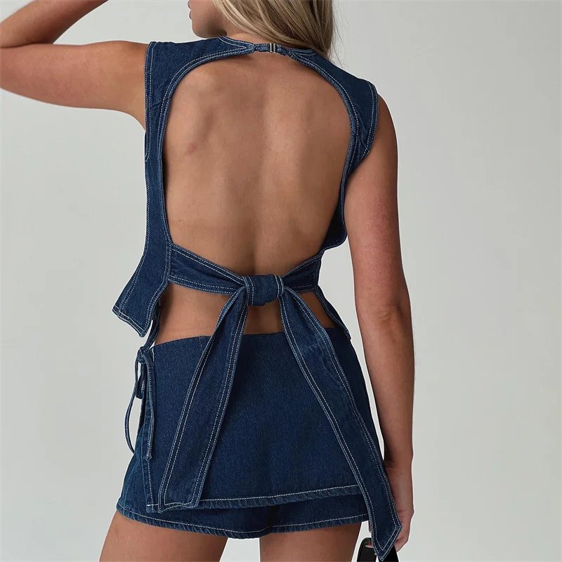 Lamuusaa Denim Tops for Women y2k Clothes Solid Color Round Neck Sleeveless Backless Jeans Vest Fashion Waistcoat Streetwear