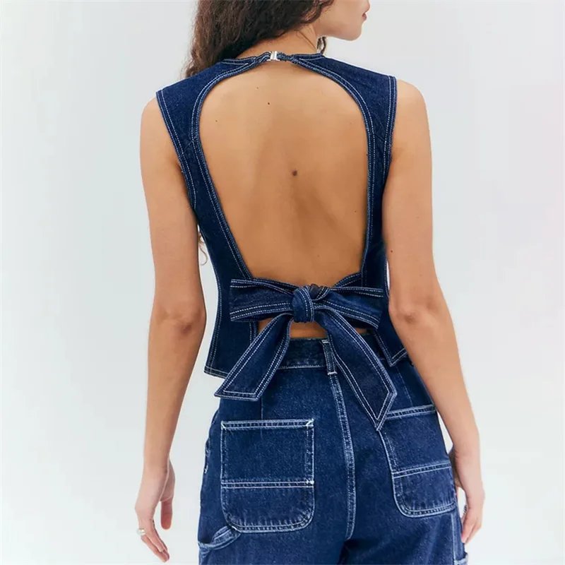 Lamuusaa Denim Tops for Women y2k Clothes Solid Color Round Neck Sleeveless Backless Jeans Vest Fashion Waistcoat Streetwear