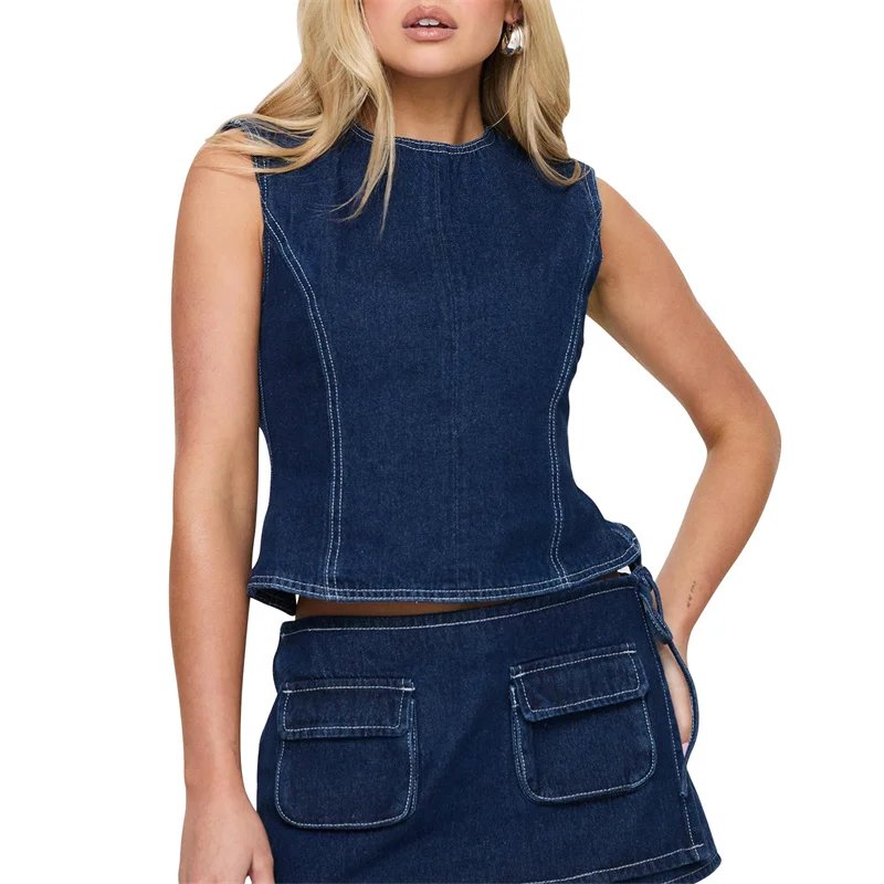 Lamuusaa Denim Tops for Women y2k Clothes Solid Color Round Neck Sleeveless Backless Jeans Vest Fashion Waistcoat Streetwear