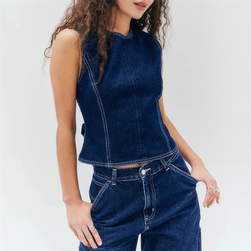 Lamuusaa Denim Tops for Women y2k Clothes Solid Color Round Neck Sleeveless Backless Jeans Vest Fashion Waistcoat Streetwear