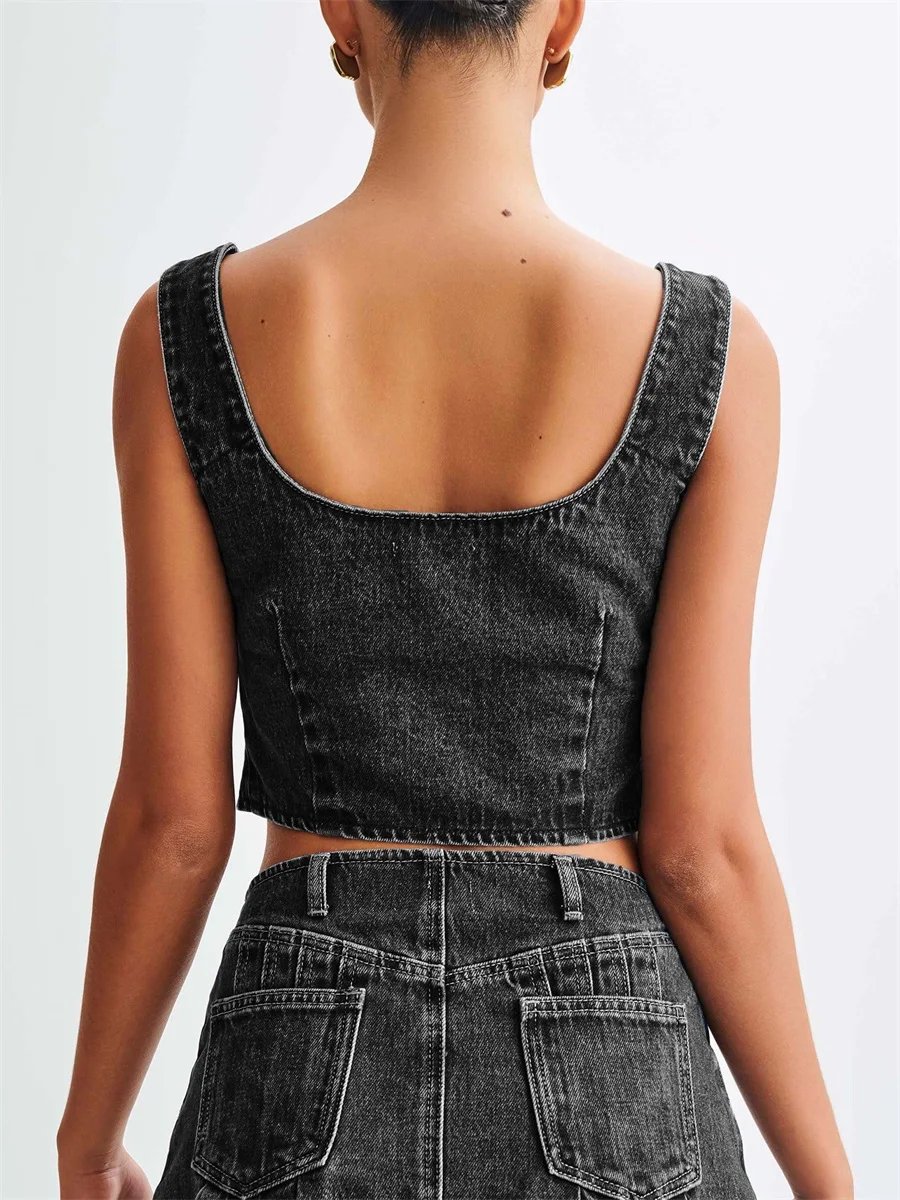 Women Denim Tank Tops Aesthetic Clothes for Streetwear Summer 2000s Solid Color Tie Front Sleeveless Vest Camisoles