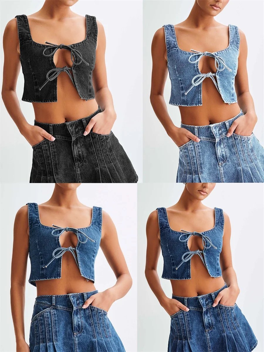 Women Denim Tank Tops Aesthetic Clothes for Streetwear Summer 2000s Solid Color Tie Front Sleeveless Vest Camisoles