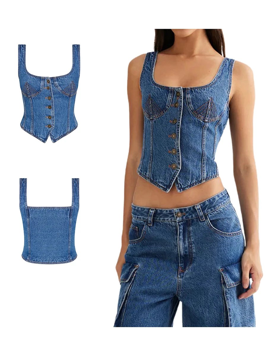 Women's Denim Tank Tops Slim Square Neck Sleeveless Backless Button Down Vest for Party Club Streetwear