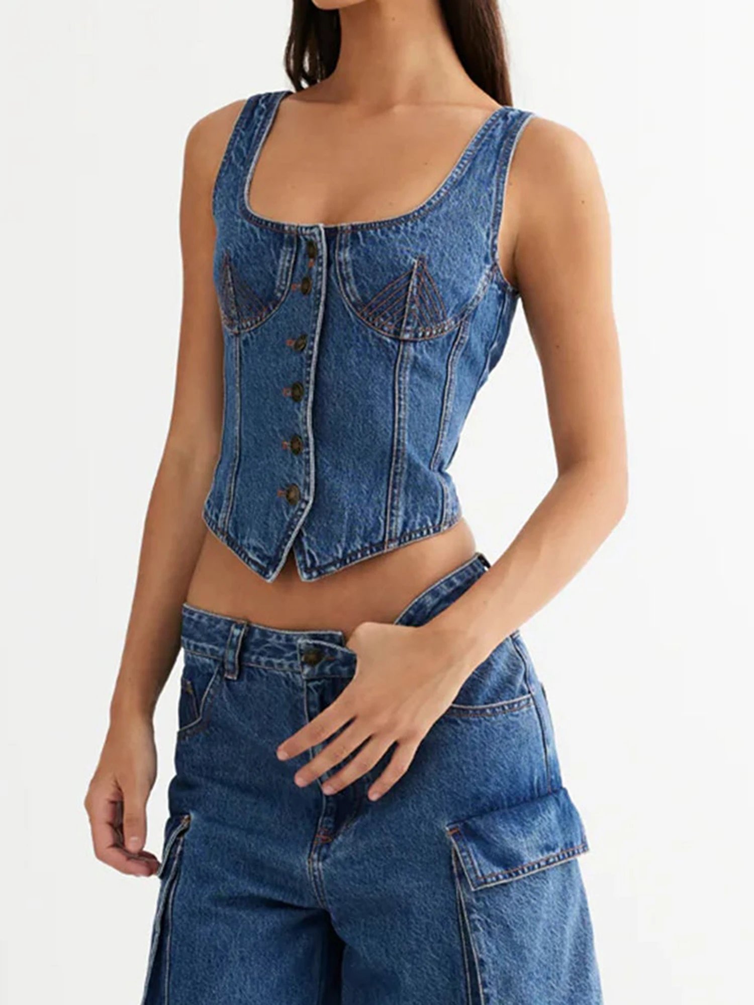 Women's Denim Tank Tops Slim Square Neck Sleeveless Backless Button Down Vest for Party Club Streetwear