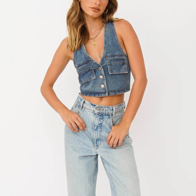 wsevypo Retro Sleeveless Denim Tank Tops 90s Vintage Women V-Neck Button down Crop Tops Grunge Streetwear Female Jean Vest