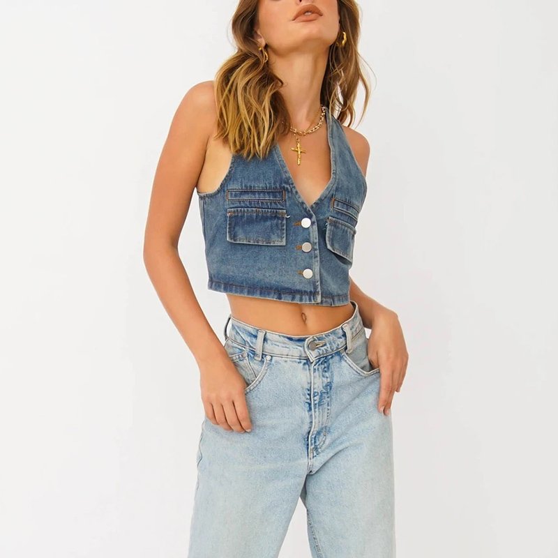 wsevypo Retro Sleeveless Denim Tank Tops 90s Vintage Women V-Neck Button down Crop Tops Grunge Streetwear Female Jean Vest