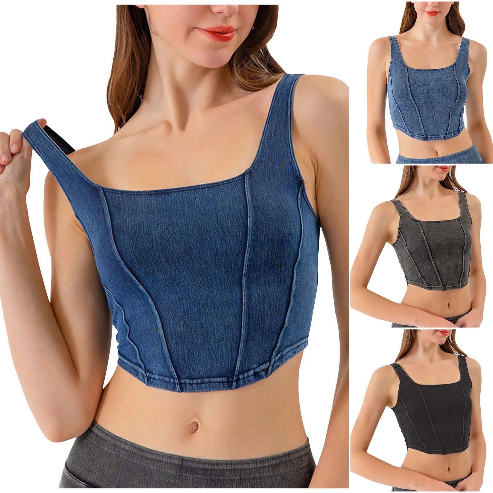 Vintage Denim Tanks Camis For Women Summer Sleeveless Corset Crop Tops Elegant Chic Jean Tank Top Camisoles Y2k Streetwear