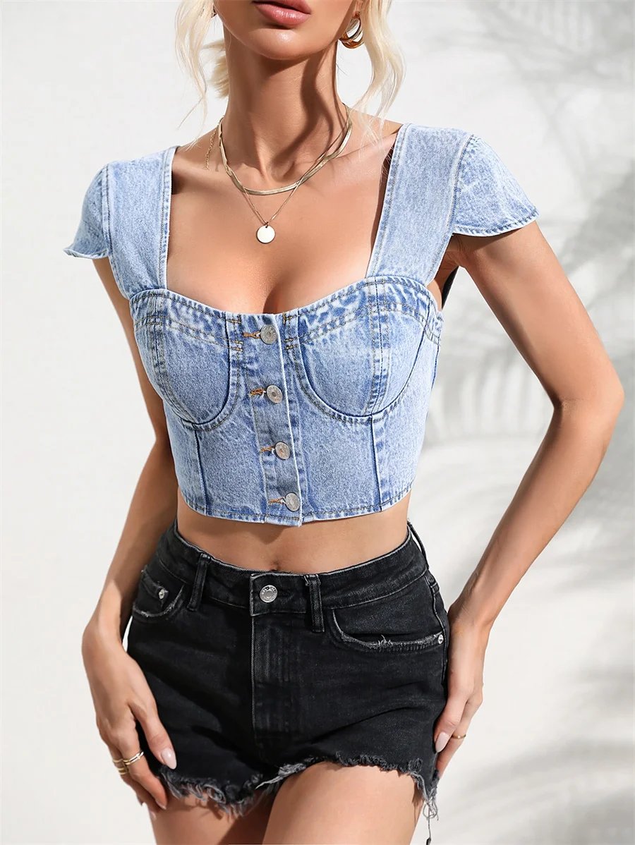 Benuynffy Women's Clothing Low-cut Sexy Denim Top Square Neck Button Front Crop Blouse Women Streetwear Backless Jean Blouses